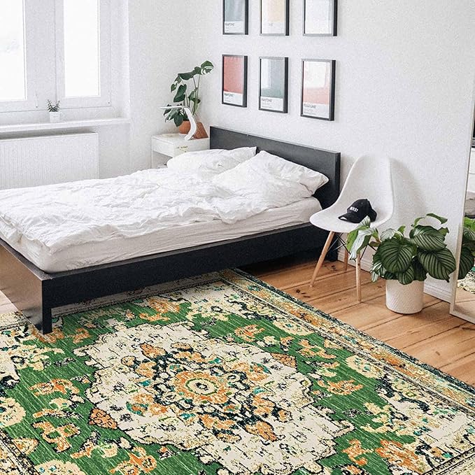Bohemian Pattern Rectangular Area Rugs for Living Room Bedroom 3 x 5 ft Green & Orange Abstract Non-Shedding Soft Low Pile Rug Non Slip Washable Rug for Nursery Entryway Playroom