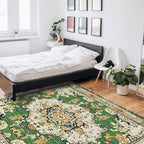 Bohemian Pattern Rectangular Area Rugs for Living Room Bedroom 5 x 6.9 ft Green & Orange Abstract Non-Shedding Soft Low Pile Rug Non Slip Washable Rug for Nursery Entryway Playroom