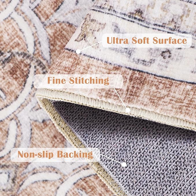 jinchan Floral 5x7 Area Rugs for Bedroom - Machine Washable Vintage Distressed Boho Design Throw Rug Stain Resistant Carpet Low-Pile Thin Non-Slip for Nursery Living Room Dining Room (5‘x7', Orange)
