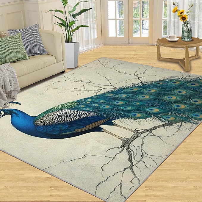 Peacock Area Rug 8x10-8x10 Rug, Peafowl Rugs for Living Room, Teal Turquoise Carpet, Modern Style Washable Area Rugs for Bedroom, Peacock Feather Carpet - Peafowl Home Decor & Gifts