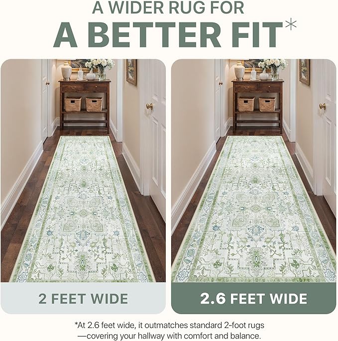 Runner Rug 2'6''x6 Non Slip Machine Washable Vintage Hallway Runner Rug, Low PileLight Weight Rugs for Entryway, Hallway, Kitchen and Corridor, Cream Green