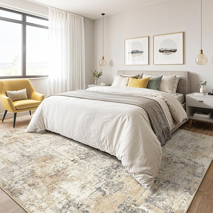 Area Rug Living Room Rugs: 5x7 Washable Large Abstract Modern Soft Stain Resistant Indoor Floor Non Slip Accent Carpet for Bedroom Nursery Playroom Dining Room Office Dorm Home House- Gray Gold