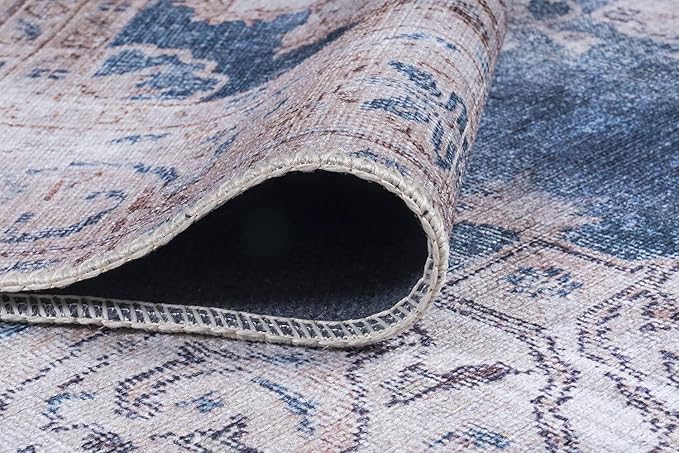 GLN Rugs Traditional Collection - Machine Washable Area Rug, Traditional Washable, Non Slip, Low Pile Chenille Rug, Living Room, Bedroom, Kitchen Rug (6' x 9' Cream/Navy)