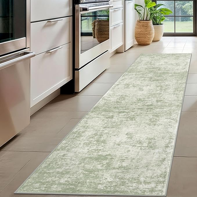 Modern Abstract Hallway Runner Rug, Sage Green Grey 2x8 Runner Rug, Washable Kitchen Runner Non-Slip Soft Thin Print Faux Wool Carpet for Entryway Bedroom Laundry Room Indoor