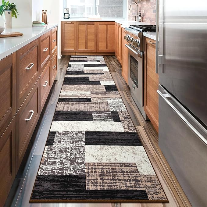 Indoor Runner Rug, Washable Runner Rug with Rubber Backing, Modern Geometric Patchwork Aesthetic Carpet for Bedroom, Living Room, Hallway, Entryway,Washable Rugs Rockwood Collection,2.7x10Ft Chocolate