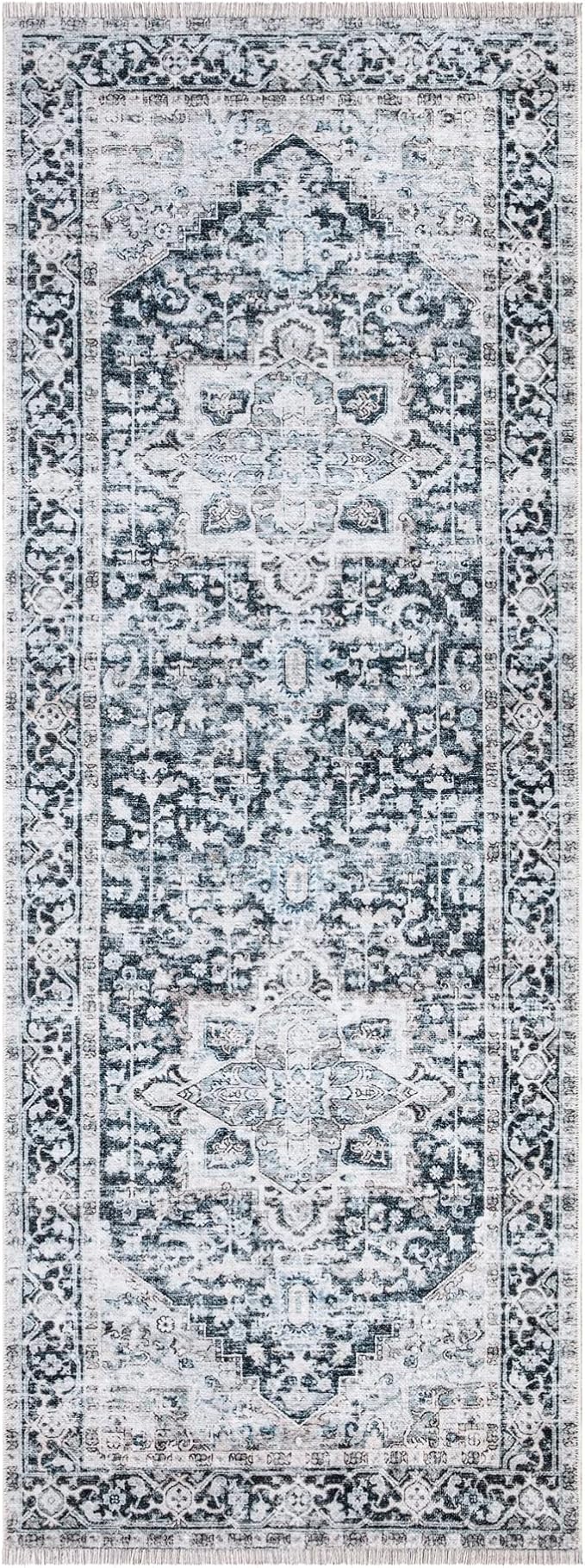 Bloom Rugs Caria Washable Non-Slip 10 ft Runner - Denim Blue Traditional Runner for Entryway, Hallway, Bathroom, and Kitchen - Exact Size: 2'6" x 10'