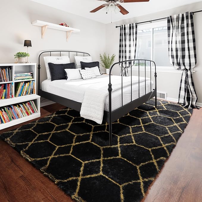 ONASAR 6x9 Area Rugs for Living Room Bedroom, Washable Large Fluffy Black and Gold Throw Rug, Geometric Soft Plush Shaggy Fuzzy Floor Carpet for Nursery Kids Girls Boys Teen Dorm Home Office Decor