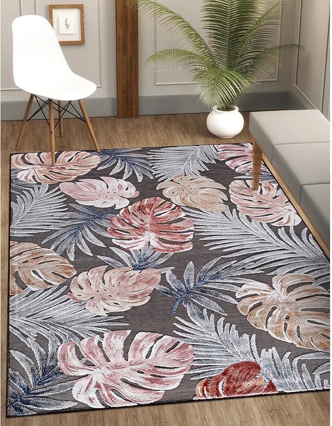 CAMILSON Indoor Outdoor Rug, Brown 4x6 Leaf Tropical Botanical Area Rugs for Indoor and Outdoor patios, Easy-Cleaning Non-Shedding Living Room, Garden and Kitchen Washable Outside Carpet (4 x 6)