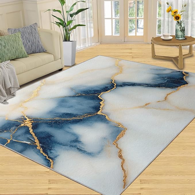 8x10 Abstract Marble Rugs for Living Room - Blue-White-Marble Large Area Rug, Luxury Stone Pattern Modern Boy Nursery Rug Soft Washable for Classroom Office Bedroom Kids Room