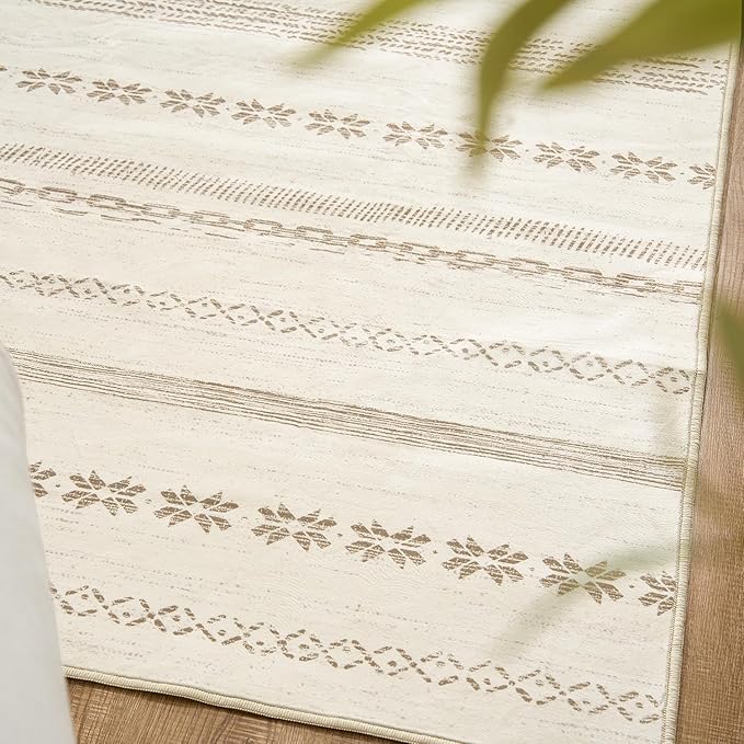 jinchan Moroccan Boho 5x7 Area Rugs for Bedroom - Machine Washable Soft Throw Rug Bohemian Ripple Design Non-Slip Neutral Carpet for Living Room Kitchen Dining Room Home Office (5‘x7', Beige)