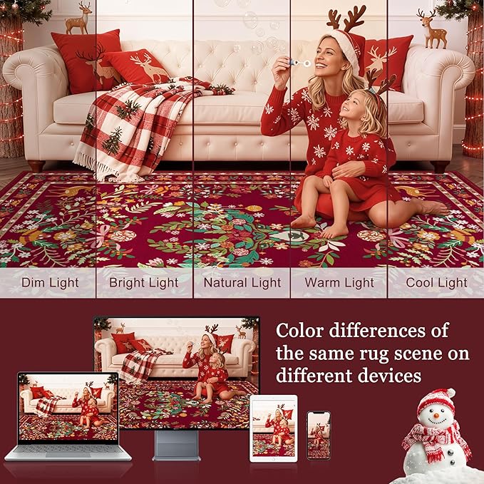 6x9 Area Rugs Living Room Rug: Christmas Washable Rug Floral Soft Carpet Indoor Floor Non-Slip Boho Stain Resistant Large Carpets for Bedroom Kids Nursery Dining Room Farmhouse Home Office Red