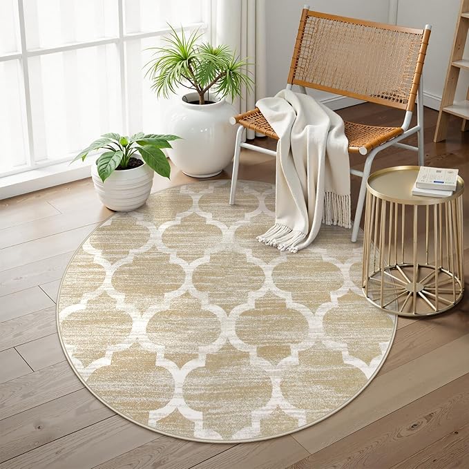Lahome Moroccan Round Rug - 3x3 Washable Non-Slip Small Bathroom Rug Throw Soft Kids Nursery Room Rugs, Modern Print Distressed Round Carpet for Bedroom Sofa (Taupe, 3Ft-Round)