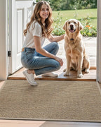 DEXI Ultra Thin Entryway Indoor Door Mat 32x48, Non Slip Rubber Backing Inside Entry Mat, Low Profile Easy Clean Dirt Trapper Doormat for Inside Entrance Patio, Beige