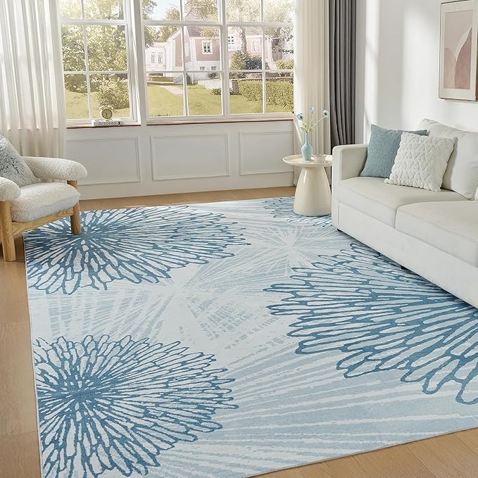 WITSHOCK 7x9 Washable Rug for Living Room,Modern Floral Distress Print Pattern Area Rugs,Stain Resistant with Non Slip Backing Carpet for Dining Room,Bedroom & Home Decor,Blue/Light Blue