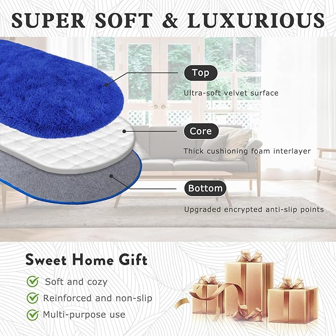 Soft Fluffy Area Rug for Bedroom, Blue Fuzzy Shaggy Oval Throw Rugs for Bedside, Non-Slip Cozy Plush Shag Carpet for Boys Kids Room Nursery Dorm Living Room, 2.6 x 5.3 Feet