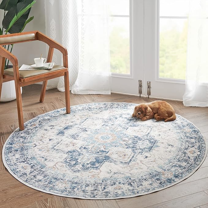 jinchan Kelda Round Rug 4ft Washable Area Rug Indoor Vintage Floor Cover Distressed Circle Mat 4' Round Lightweight Non Slip Low Pile Thin Carpet for Entryway Kitchen Living Room Bedroom Blue
