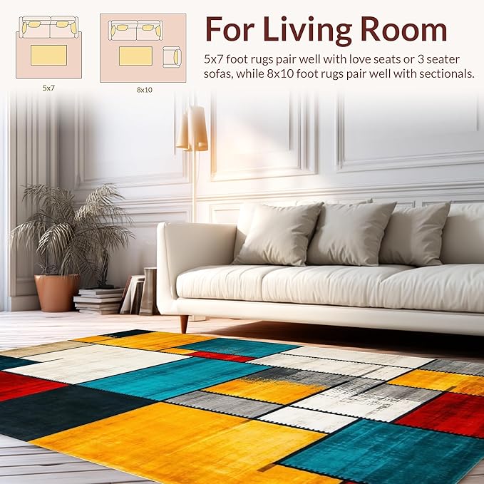Flatwoven High Traffic Area Rug 5x7, Eclectic Mosaic Patchwork with Distressed Abstract Shapes and Lines, Non Slip, Stain Resistant, Washable Area Rugs for Living Room, Bedroom (Red, 5x7)