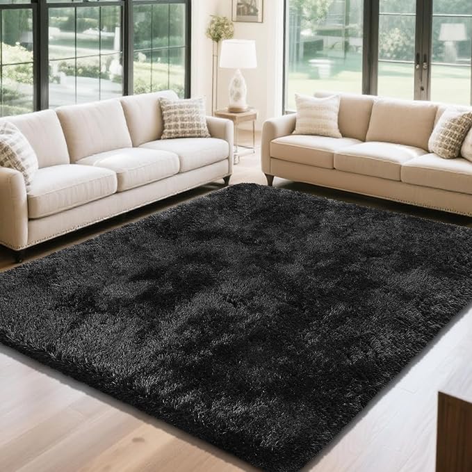 Fluffy Rug Shaggy Area Rug, Black 5x8 Area Rugs for Bedroom, Small Bedside Rug, Soft Fluffy Shaggy Entryway Throw Rugs for Living Room Bedroom Kids Room Home Decor