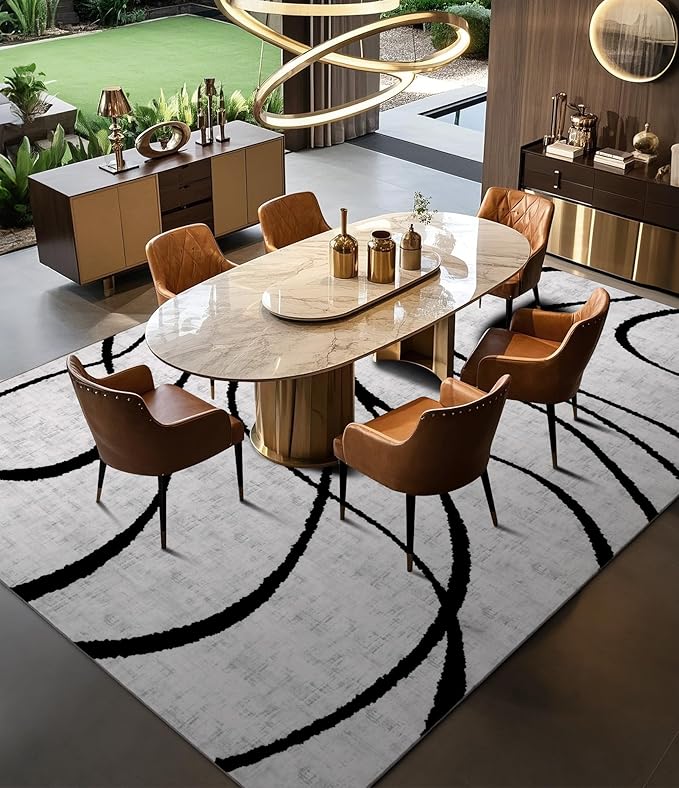 YIHOUSE Modern Rugs for Living Room, 8x10 Washable Black and White Area Rug, Thin Abstract Geometric Striped Rug, Area Rug for Bedroom,Kitchen,Dining Room,Office