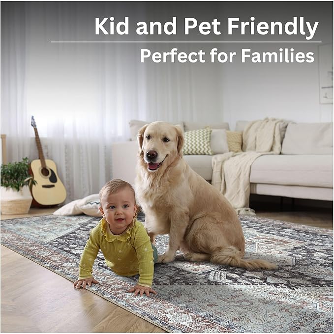 Bloom Rugs Washable Non-Slip 5' x 7' Rug - Charcoal/Brown Traditional Medallion Area Rug for Living Room, Bedroom, Dining Room, and Kitchen - Exact Size: 5' x 7'