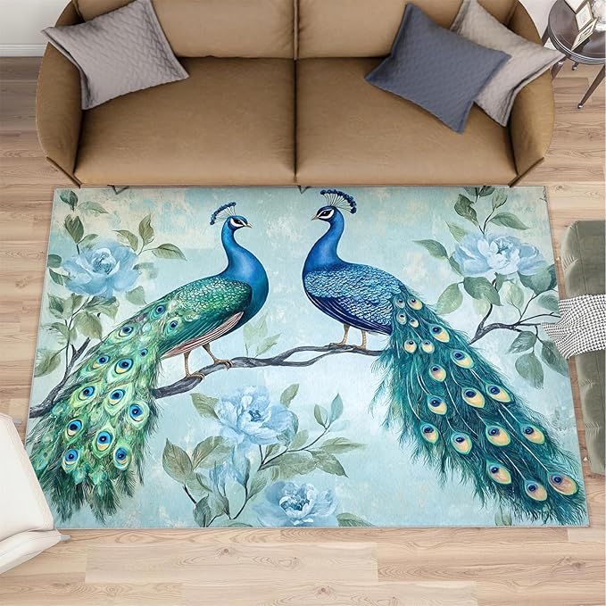 Peacock Rugs for Living Room - 3x4 Rug, Classic Peacock Floral Area Rugs for Bedroom, Teal Turquoise Rug, Modern Style Washable Carpet, Aesthetics Carpet - Peafowl Home Decor & Gifts