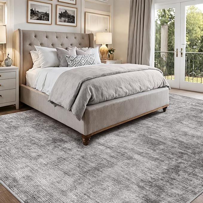 LUMI 8x10 Washable Area Rug for Living Room, Ultra Soft Modern Neutral Grey Rugs Non Slip with Rubber Backing, Low Profile, High Traffic, Stain Resistant Carpets, Ideal for Bedroom, Dining Room