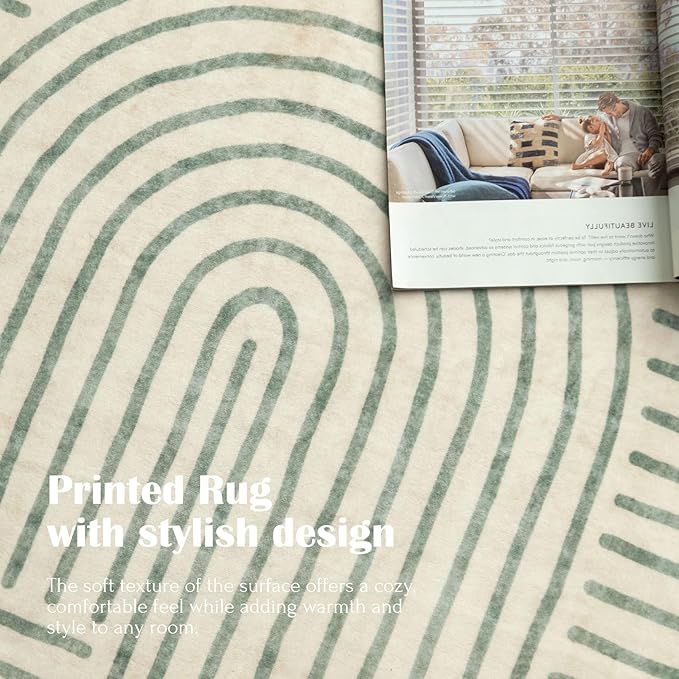 Washable Area Rug 5x7 - Boho Living Room Rug Soft Indoor Carpet Ultra-Thin Sage Green Modern Abstract Rainbow Rugs for Bedroom Dining Room Nursery Classroom Home Decor