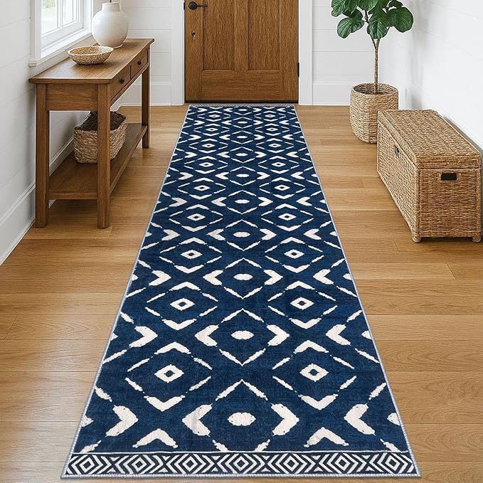 KILOCOCO Hallway Runner Rug 2.6'x10' Runners for Hallways Washable Runner Soft Non Slip Printed Geometric Low-Pile Rugs Runners for Bedroom Kitchen Living Room Boho Rugs, Blue