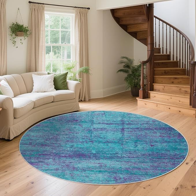 Round 6ft Abstract Rug, Modern Washable Indoor Circle Area Rugs for Living Room, Soft Large Circular Non-Slip Carpet Floor Mat for Bedroom Dining Room Home Office - Teal+Purple