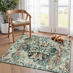 Lahome Bohemian Floral Medallion Area Rug - 4x6 Teal Soft Bedroom Rug Washable Entryway Mat, Non Slip Pet Friendly Indoor Floor Accent Carpet for Bathroom Mudroom Basement Studio