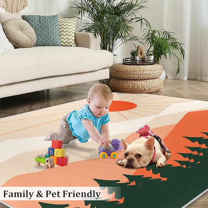 Boho Sun Area Rugs 3x4ft, Minimalist Mountain Kids Bedroom Rug, Abstraction Deco Bedside Rug Durable Non Slip for Cafe Living Room Under Table Boys Room Decor