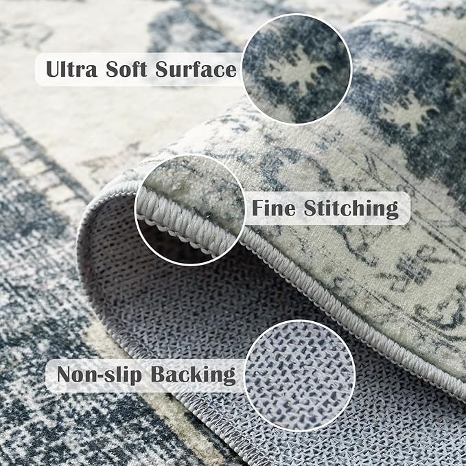 jinchan Kelda Area Rug 6x9 Washable Living Room Rug Vintage Soft Indoor Large Floor Cover Retro Distressed Mat Accent Lightweight Non-Slip Thin Carpet for Kitchen Bathroom Bedroom Grey