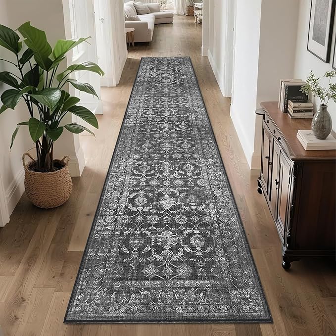 2x10 Hallway Washable Runner Rug Vintage Boho Extra Long Runners for Kitchen, Bathroom, Distressed Floral Floor Mat Non-Slip Farmhouse Carpet, Black