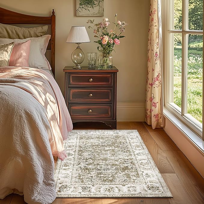 jinchan Fiora Floral 3x5 Area Rug for Entryway - Machine Washable Taupe Vintage Distressed Design Doormat Non-Slip Ultra-Thin Low Pile Boho Rug for Kitchen Living Room Bedroom Farmhouse (3'x5', Taupe)