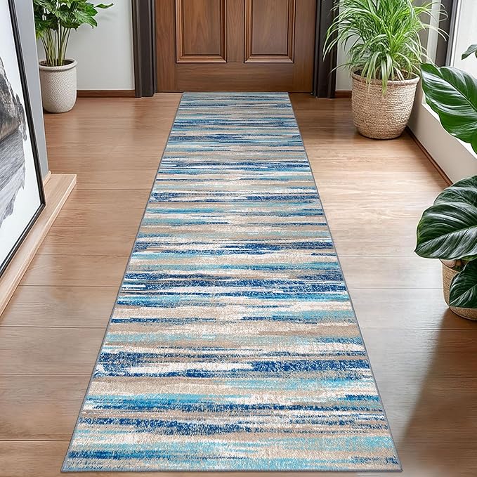 Modern Abstract Hallway Runner Rug, Blue Washable Kitchen Runner Non-Slip Soft 2x8 Runner Rug Thin Print Faux Wool Carpet for Entryway Bedroom Laundry Room Indoor