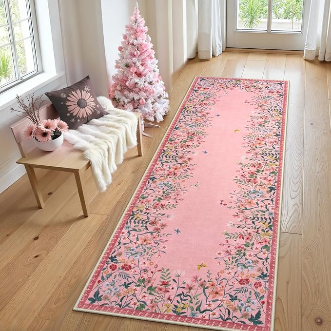 Wonnitar 2x6 Runner Rug for Hallways, Pink Floral Bathroom Rugs Non Slip Washable, Low Pile Soft Botanical Runner for Girls Bedroom Laundry Room Bedside (Pink,2'x6')