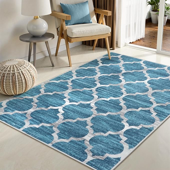 Lahome Moroccan Washable Rugs 3x5,Non-Slip 3x5 Entryway Blue Rug for Bedroom Accent Indoor Distressed Rugs Throw Carpet for Living Room Laundry Room Decor (3’ X 5’, Blue)