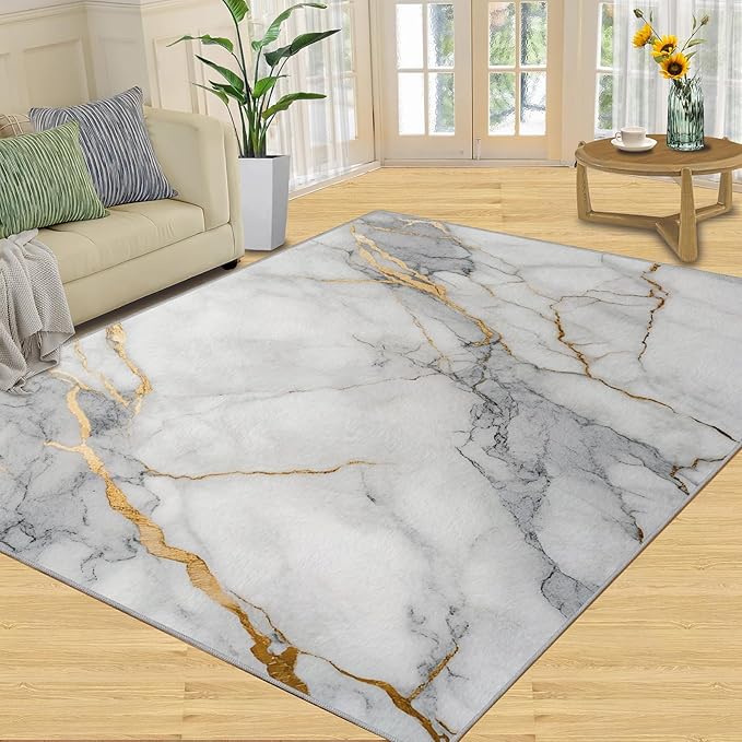6x8 Abstract Marble Classroom Rugs - White-Marble Playroom Rug, Modern Luxury Carpet Area Rug for Girls Bedroom Kids Room Basement Office Classroom