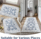 jinchan Fiora Hallway Runner Rug 3x8 Washable Runner - Vintage Floral Non Slip Low-Pile Soft Thin Faux Wool Kitchen Rug Distressed Carpet for Farmhouse Bedroom Laundry Room(3x8ft, Dark Blue)