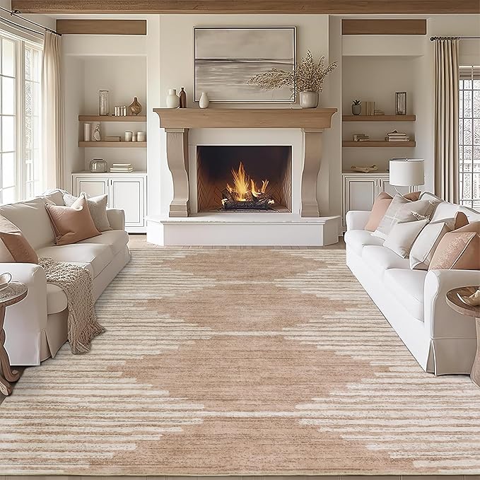 HelloTree Area Rug for Living Room 8x10 Washable Geometric Rug Stripe Farmhouse Bohemian Minimalistic Non Slip Non Shedding Ultra Thin Soft Rug for Bedroom Office DiningRoom Nursery-Pink&Khaki
