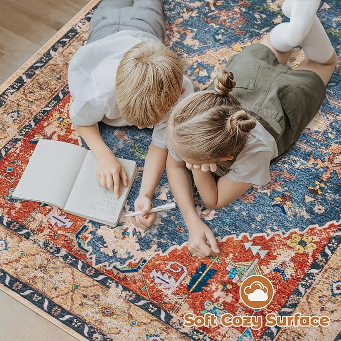 Area Rug 8x10 Washable Rug, Vintage Boho Medallion Rugs Non-Slip Soft Low Pile Large Distressed Rug Indoor Retro Carpet for Living Room Bedroom Dining Room Home Office (Tribal Medallion/Multi, 8'x10')
