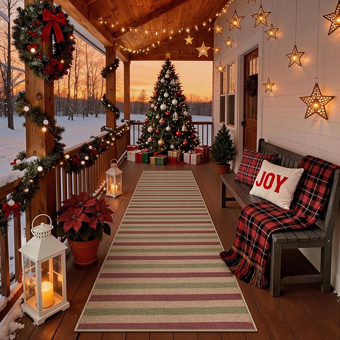 Lahome Christmas Runner Rug, 2x8 Christmas Porch Kitchen Decor for Entryway Front Door, Striped Plaid Decor Non Slip Non Shedding Xmas Decoration for Front Porch Hallway