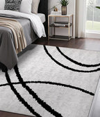 YIHOUSE Modern Area Rugs for Bedroom,5x7 Washable Black and White Rug, Thin Abstract Geometric Minimalist Striped Rug, Black Rugs for Bedroom,Kitchen,Dining Room Office