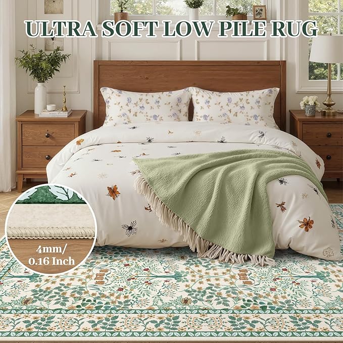 5x7 Area Rugs Living Room Rug - Floral Vintage Morris-Inspired Washable Carpet, Low Pile Non-Shedding Stain Resistance Boho Soft Carpet for Bedroom, Dining Room, Office, Farmhouse (5'x7' Beige Green)