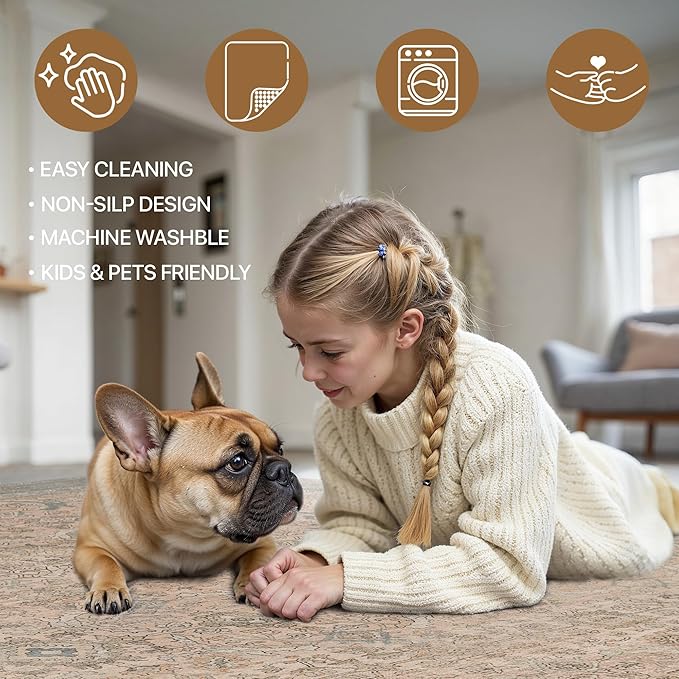 6x9 Area Rug Machine Washable Boho Rug for Living Room,Ultra-Thin Low Pile Carpet,Lightweight Indoor Printed Rug,Non Slip Floral Area Rug for Bedroom, Dining Room, Home Office,Light Beige