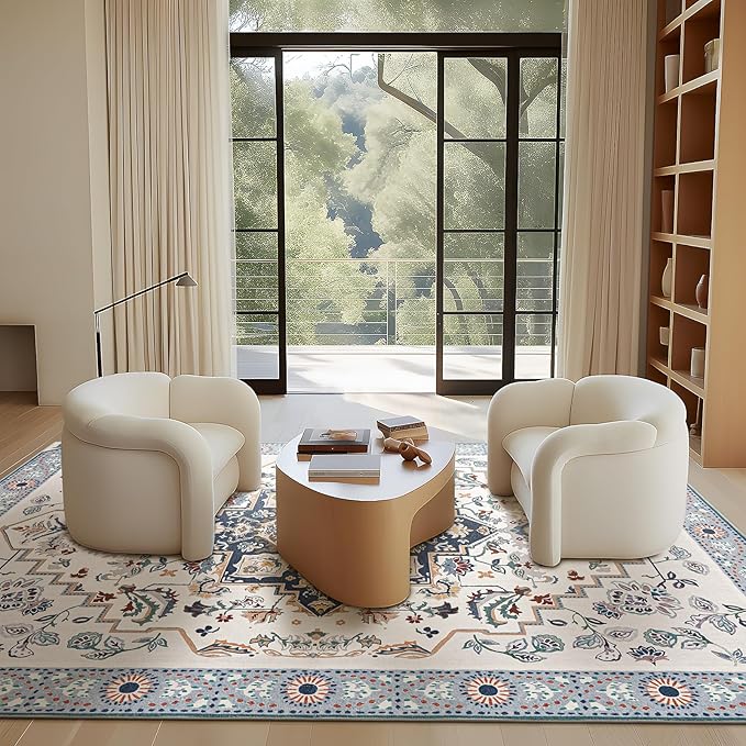 Phantoscope Washable Area Rug 5'x7' Non-Slip, Vintage Boho Rugs for Living Room, Bedroom, Dining Room, Persian Floral Medallion Pattern, Low-Pile Foldable Floor Carpet, Ivory Blue/Garden Bloom