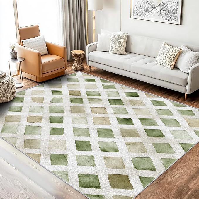 Checkered Rug, Washable 5x8 Rug for Living Room, Geometric Rhombus Patterned Indoor Carpet, Checkered Decor for Home, Bedroom, Soft Non Slip Thin Design FER39