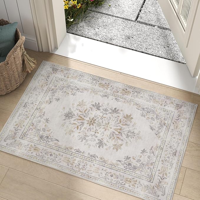 jinchan Floral 2x3 Rug for Entryway - Vintage Washable Area Rug Ultra-Thin Low Pile Soft Small Non Slip Distressed Indoor Door mat Accent for Entrance Kitchen Bedroom Bathroom (2x3ft, Light Grey)