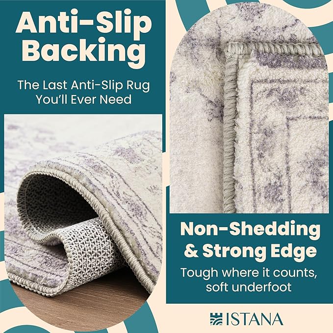 Istana Hallway Runner Rug 2.5x8 – Grey/White Cream Entryway Rug -Silk's Soft Touch Runners for Hallways - Stylish Kitchen Runner Rug Non Slip