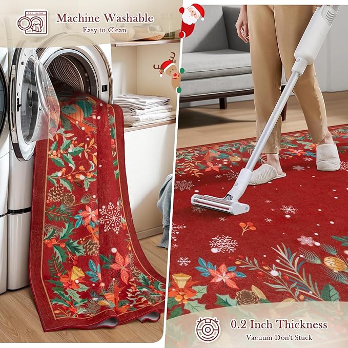 Wonnitar Christmas 5x7 Area Rugs, Red Floral Rugs for Living Room, Non-Slip Soft Bedroom Rug, Washable Low Pile Snowflake Holiday Decor Rugs Carpet for Dining Room Bedside(Christmas Red,5'x7')